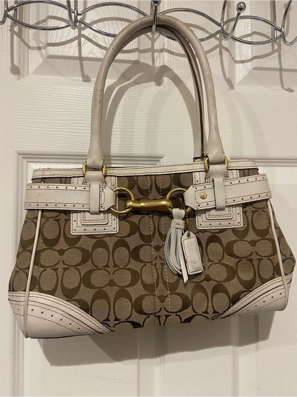 Coach Tan Signature Canvas Satchel with White Trim and Gold Hardware
